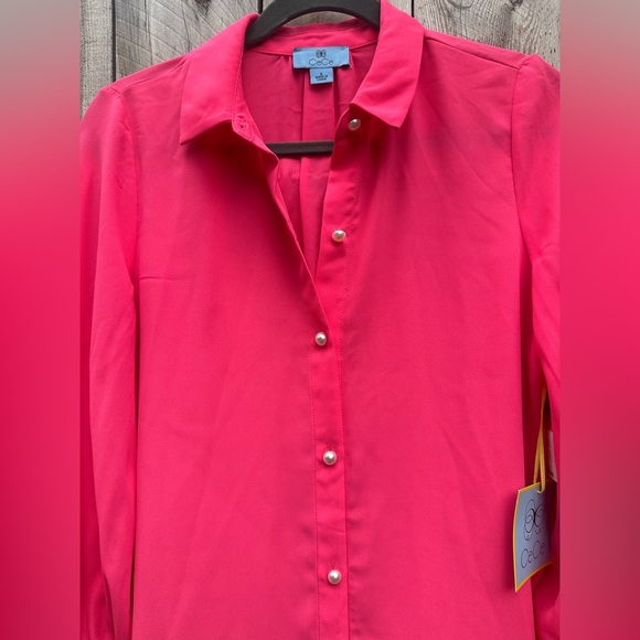 CeCe Pink Button Down Shirt with Notched Collar & Cuffed Sleeves Size Small NWT‎ - Picture 2 of 16